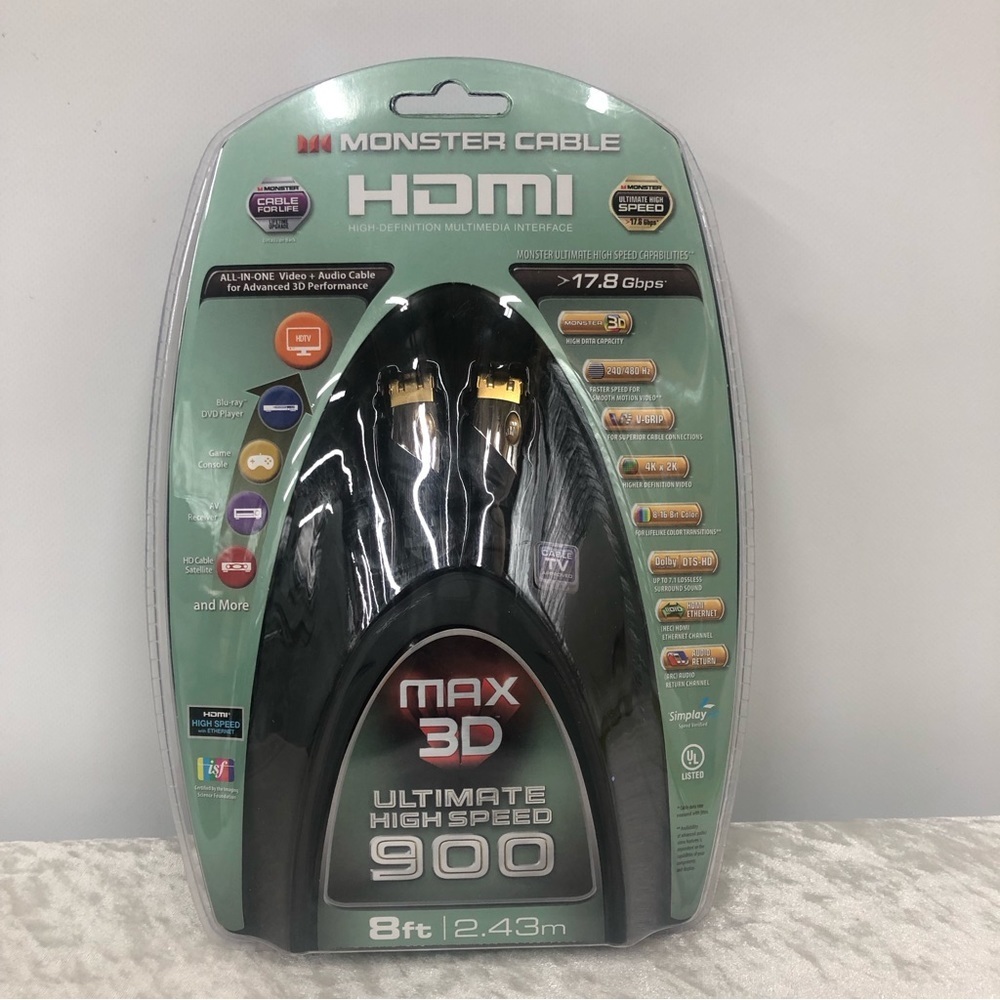 Monster cable HDMI max 3-D ultimate high speed 900 video audio 8 ft cable new